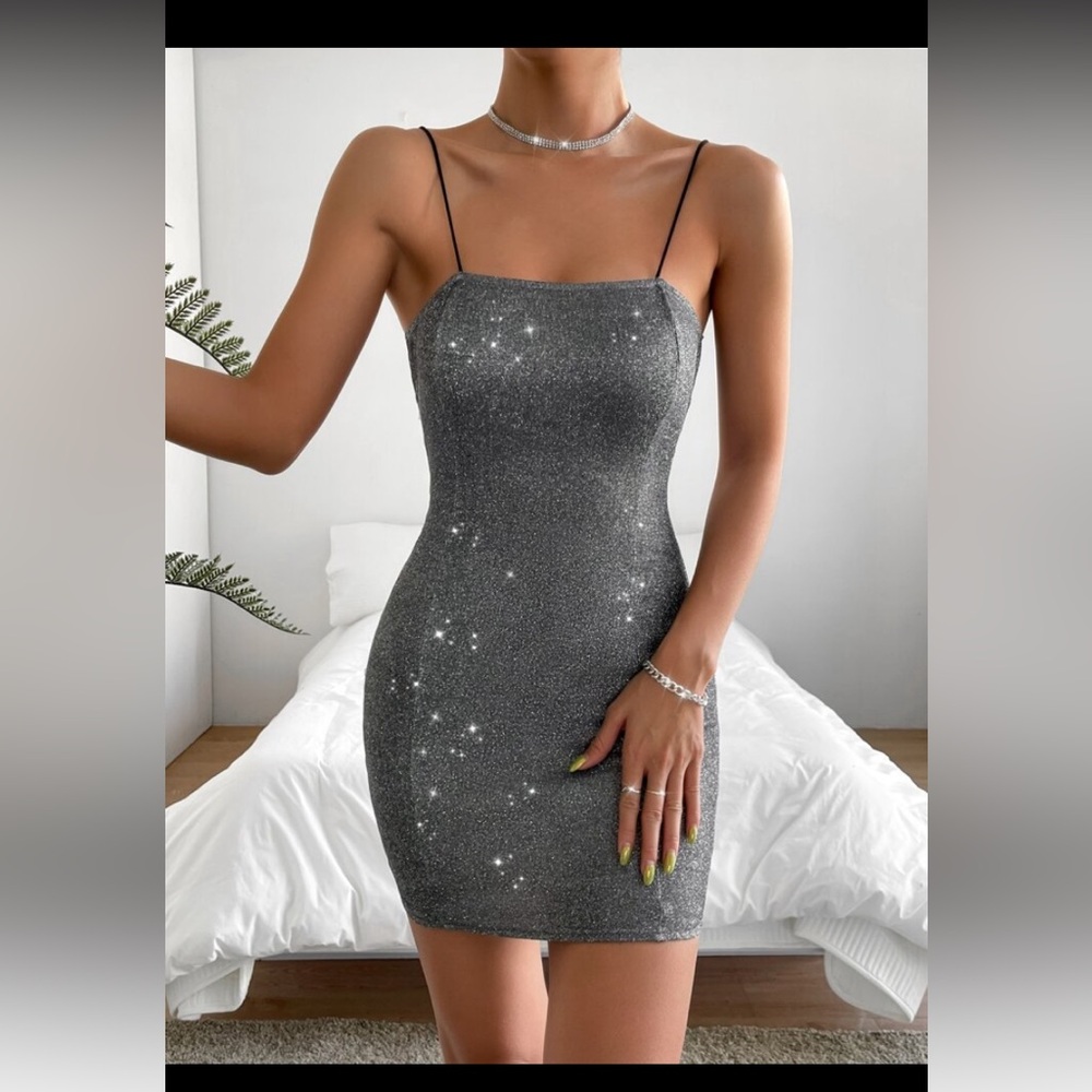 Elegant Glittering Gray Dress metallic cami bodycon SHEIN Xs women
